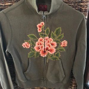 Lucky Brand Embroidered Olive Green Zip Up Women's